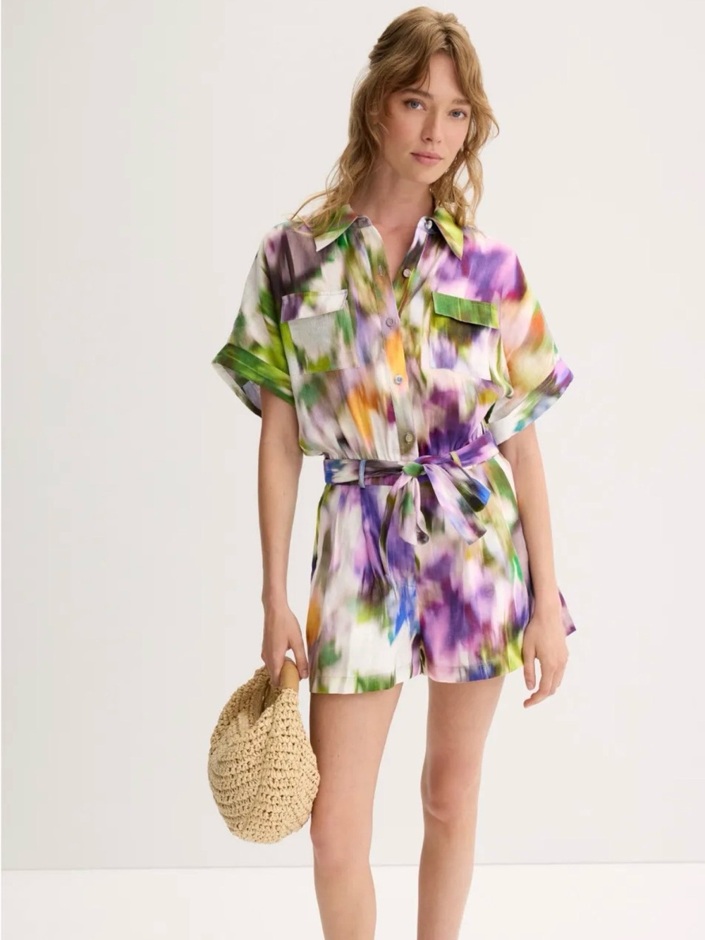 Christy Multicolor Brushstroke Romper - Purple & Green